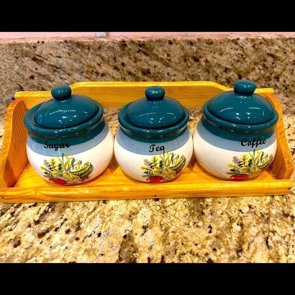 Vintage Green Floral Matching Jars with Shelf for Coffee, Tea Sugar